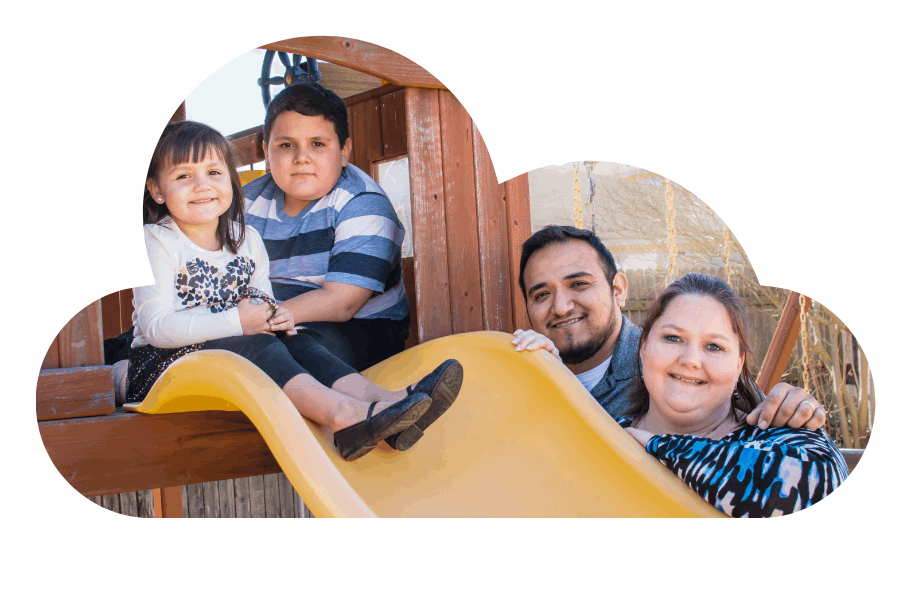 Kim and her family posed at a playground